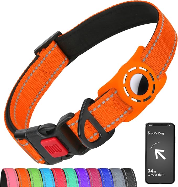 Airtag Dog Collar with AirTag Holder for Small Dogs, Reflective, Soft Padded & Safety Locking Buckle, Nylon Pet Collars Adjustable for All Breeds, Orange,S