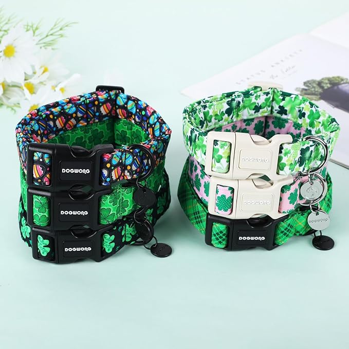 DOGWONG St. Patrick's Day Dog Collar, Green Lucky Clover Shamrock Green Dog Collar Soft Durable Adjustable Costume St. Patrick's Day Lucky Charm Puppy Collar for Small Medium Large Dog