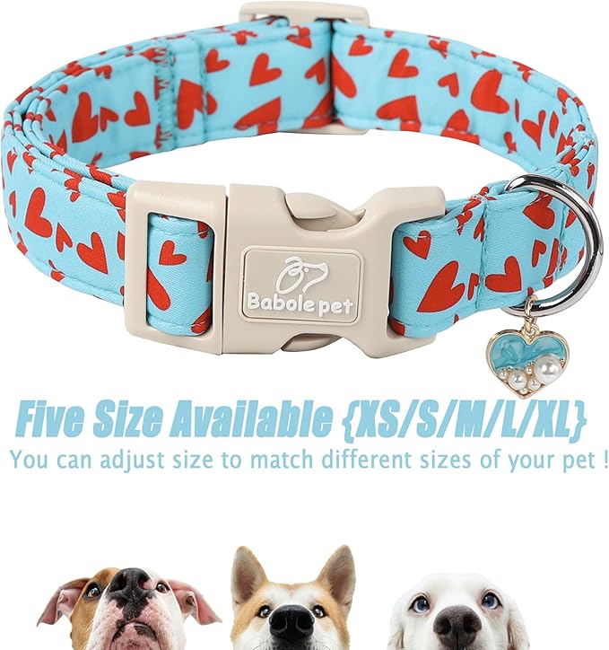 Valentines Dog Collar for Small Dogs - Cute Valentine Blue Dog Collars, Adjustable Puppy Red Hearts Collar with Quick Release Buckle for Boys&Girls Dogs S