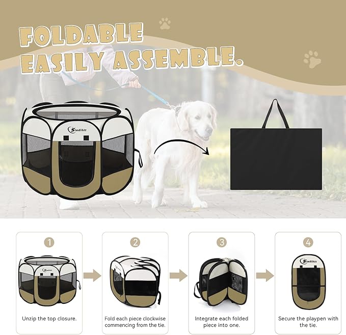 Dog Cat Playpen, Medium Puppy Pet Playpen, Dog Crate Tent Cage Indoor/Outdoor, Portable Pop Up Dogs Kennel Playpen with Carrying Case for Dogs/Cats/Rabbits (Khaki,Medium)