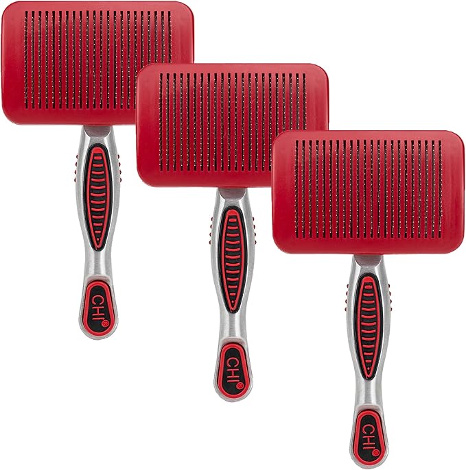 CHI for Dogs Self Cleaning Slicker Brush with Pivoting Head, Small Dog Grooming Brush for Detangling and Removing Loose Hair, Fine Wire Pins for Small Breed Dog Coats, Ergonomic Handle - 3 Pack