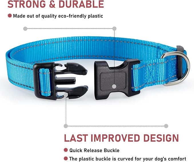 Reflective Dog Collar with Buckle Adjustable Safety Nylon Collars for Small Medium Large Dogs, Blue S