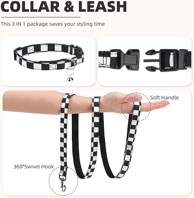 PUPTECK Adjustable Dog Harness Collar and Leash Set Step in No Pull Pet Harness for Small Medium Dogs Puppy and Cats Outdoor Walking Running, Checkered Black&White M