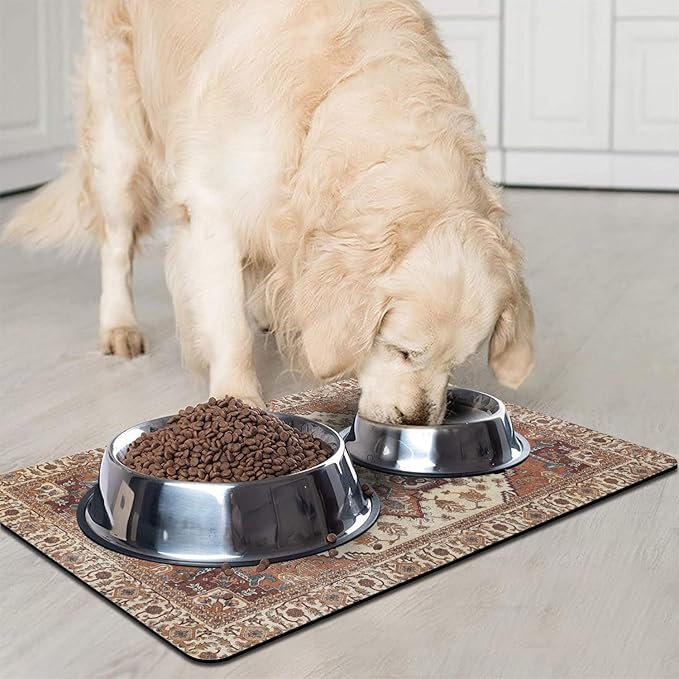 Dog Food Mats for Floors, Absorbent and Quick-Drying Pet Cat Food Mat,Anti-Fouling and Easy-to-Clean Pet Feeding Mat,Dog Bowl Mat for Messy Drinking Water Bowls.17 x32, Bohemia Style