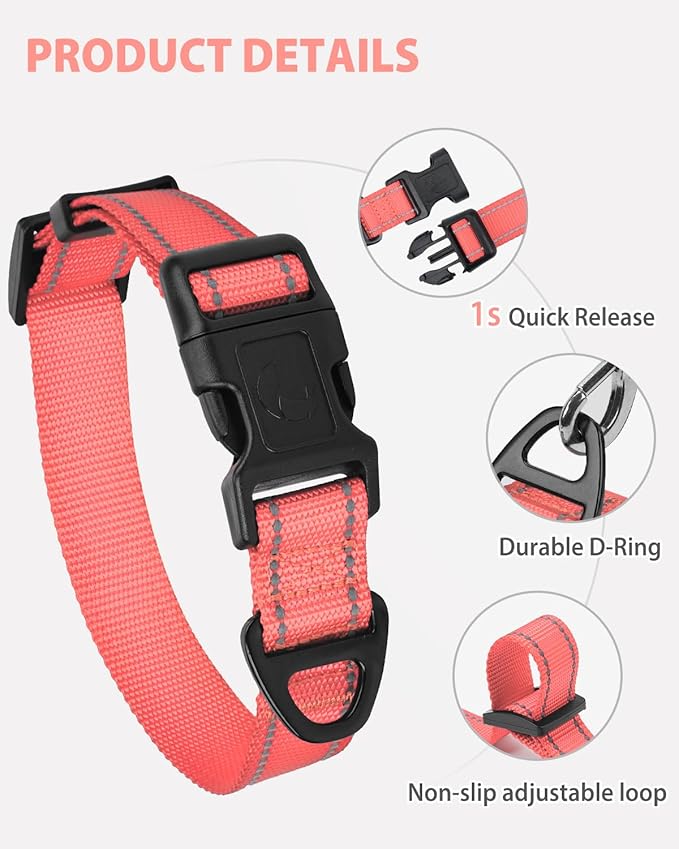 Joytale Large Dog Collar, Reflective and Adjustable Nylon Pet Collar with Quick-Release Buckle for Large Dogs, Pink, L