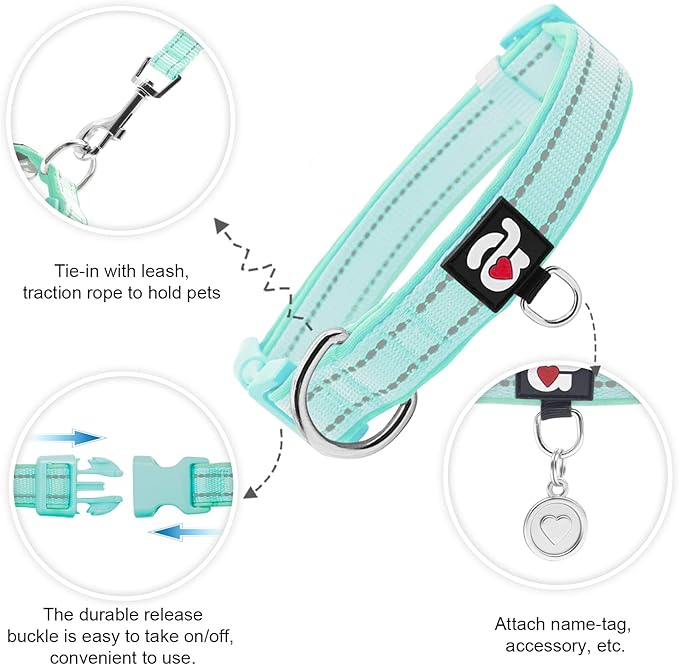 azuza Reflective Dog Collar with Airtag Holder, Soft Neoprene Padded Pet Collar with ID Tag Ring, Adjustable for Medium Dogs,Teal,M