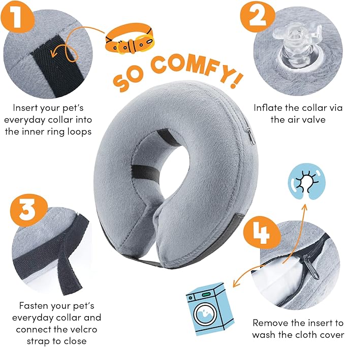 BENCMATE Inflatable Dog Cone Collar Alternative, Soft Dog Cone for Small Medium Large Dogs and Cats, Neck Recovery ECollar Donut Collar After Surgery (Small, Grey)
