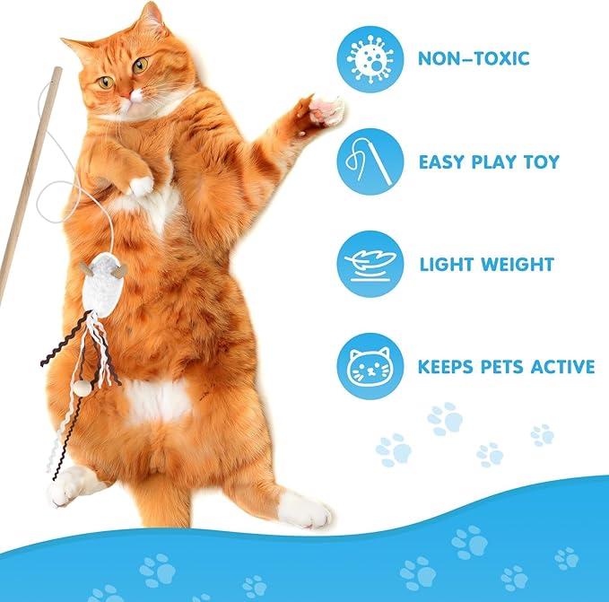 NOWFRESH Cat Wand Toy Set, 2 PCS Interactive Cat Teaser Wands with Cute Red Snake & Green Snake Designs, Equipped with Bells and Streamers to Captivate Your Cat’s Attention