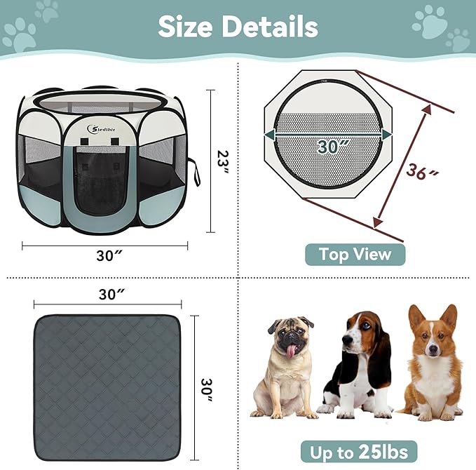 Medium Dog Cat Playpen, Puppy Pet Playpen Indoor for Dog Crate Tent Cage Outdoor, Portable Pop Up Dogs Enclosure Kennel with Carrying Case for Dogs/Cats/Rabbits (Grey with Pad, Medium)
