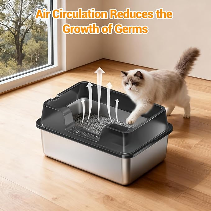 Stainless Steel Litter Box, XL Enclosed Cat Litter Boxes with Lid for Big Cats and Multi-Cats, High Sided, Anti-Urine Leakage Non-Stick Bottom Include Scoop Easy to Clean