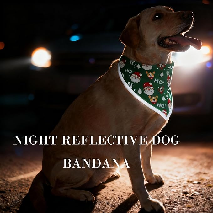 Christmas Dog Bandanas Santa Claus Dogs Scarf for Boy and Girl,Reflective Dog Bandana for Night Safety,Adjustable Cat Dogs Triangle Pet Scarves for Large Dogs,Green,L