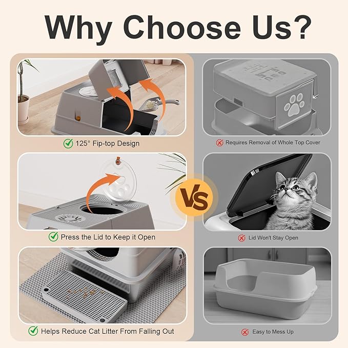 Stainless Steel Litter Box with Lid, XL Extra Large Litter Box, Enclosed Top Entry Metal Litterbox for Big Cats, Easy Cleaning, Anti-Leakage & High Sided with Mat, Aisle & Scoop, Light Grey