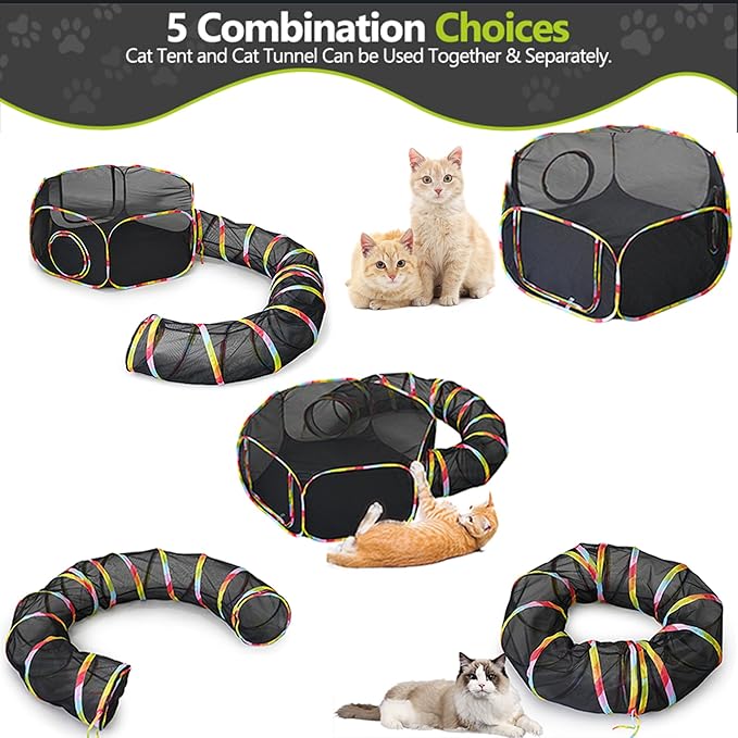 Outdoor Cat Enclosure, Portable Cat Tents for Outside with Storage Bag, Outside Cat Playpen Pet Enclosure with Toy Ball, Cat Tunnel Outdoor Playground for Cats & Small Animals