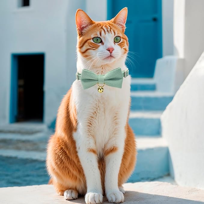 2 Pack Soft Corduroy Cat Collars with Bow Tie & Bell Adjustable Breakaway Bowtie Kitten Collar for Girl Boy Kittens(White & Grass Green)