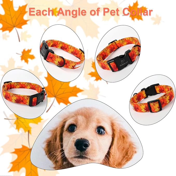 Fall Dog Collar, Gold Maple Leaves Pattern Fall Thansgiving Puppy Collar, Soft Adjustable Cotton Holiday Dog Collars for Small Medium Large Boy&Girl Dogs L