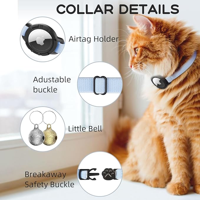 AirTag Cat Collars, Stretchy Collar with Apple AirTag Holder and Bell, Breakaway Ultra Design Elastic GPS Tracking Collars for Cats and Puppies, (7.5-12.5 Inch), Blue
