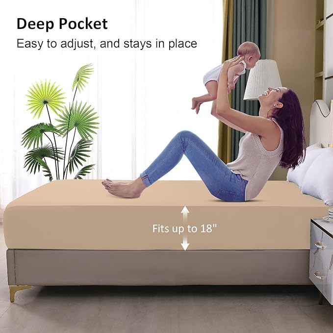 Waterproof Mattress Protector Queen, Fitted Sheet Style Breathable Mattress Cover with Deep Pocket Fits Up to 18'', Noiseless Bed Cover for Kids Adults Pets, Machine Washable (Light Tan, 60'' X 80'')