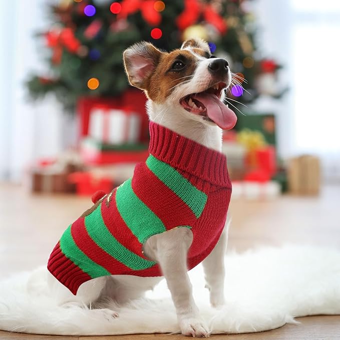 Dog Cat Christmas Sweater Boy Girl Ugly Reindeer Xmas Pet Clothes Holiday Puppy Costume New Year Gifts for Small Medium Large Dogs Outfits (XXS, Red Green Stripe Reindeer)
