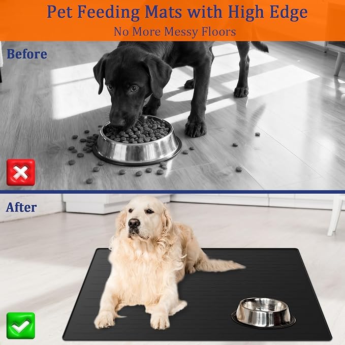 48"x32" Extra Large Pet Food Mat, 1.5MM Super Thick Silicone Dog Mats for Food and Water, XXXL Nonslip Pet Feeding Mats for Floors,Dog Cat Bowl Mat with Raised Edges, Dark Gray