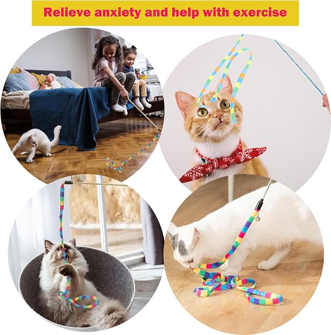 KABASI 3PCS Interactive Cat Rainbow Wand Toys, Colorful Cats String Toy Teaser Wand Sturdy Pole with Spring Balls for Kitten Cat Having Fun Exerciser Playing Indoor and Outdoor