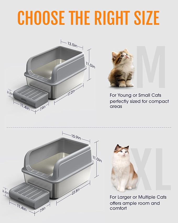 Cat Litter Box - Stainless Steel Litter Box with Scatter-Proof Elevated Step Board for Kitty Use, Robust & Non-Sticky Metal Cat Box with Scoop, Grey, XL