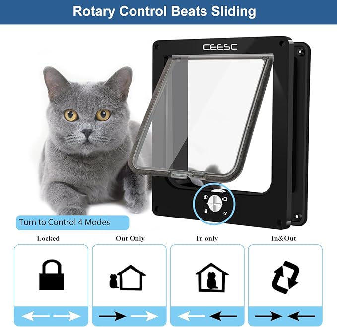 CEESC Medium Cat Door for Interior/Exterior Door, Weatherproof, Black, Rotary 4 Way Locking Pet Door for Cats & Dogs with Circumference < 15.75", Upgraded Version
