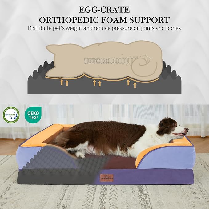 Comfort Expression Orthopedic Dog Bed for Extra Large Dogs 45x35 Inch, Waterproof Egg Crate Foam XL Pet Bed with Removable Bolsters, Dog Couch with Washable Cover & Non-Slip Bottom, Honey Lavender