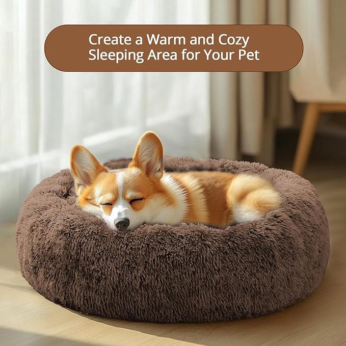 JOLLYVOGUE Calming Small Dog & Cat Bed for Indoor Cats - 20 inches Washable Donut Bed for Kittens & Puppies, Anti-Anxiety Round Fluffy Plush Pet Beds (Fits up to 15 lbs, Coffee)