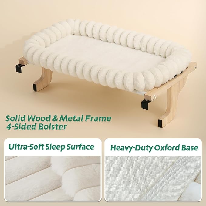 Zakkart SnugCloud Cat Window Perch with 4-Sided Bolster - Orthopedic Cat Hammock for Window Sill - Solid Hardwood & Metal Frame - Window Seat for Pets (Natural Color Wood w/White Bed, Medium)