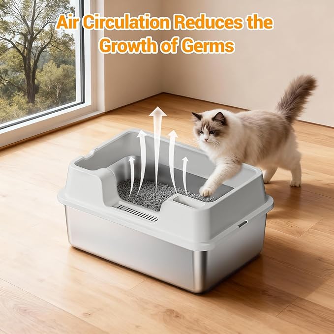 Stainless Steel Litter Box, XL Enclosed Cat Litter Boxes with Lid for Big Cats and Multi-Cats, High Sided, Anti-Urine Leakage Non-Stick Bottom Include Scoop Easy to Clean