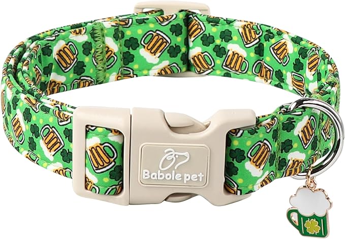 St Patricks Day Dog Collar for Medium Dogs - Green Beer Shamrock Dog Collars for Boys&Girls Dogs, Adjustable Irish Clover Puppy Collar with Quick Release Buckle M