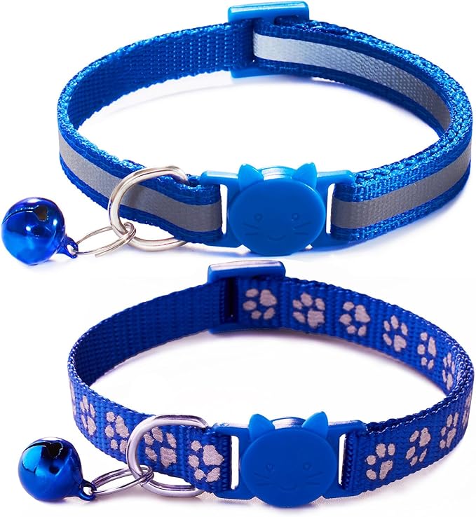 Blue Reflective Cat Collar with Bells, [2 Pack] Break Away Kitten Collar with Bells, Breakaway Cat Collar for Boy Cats Kitty
