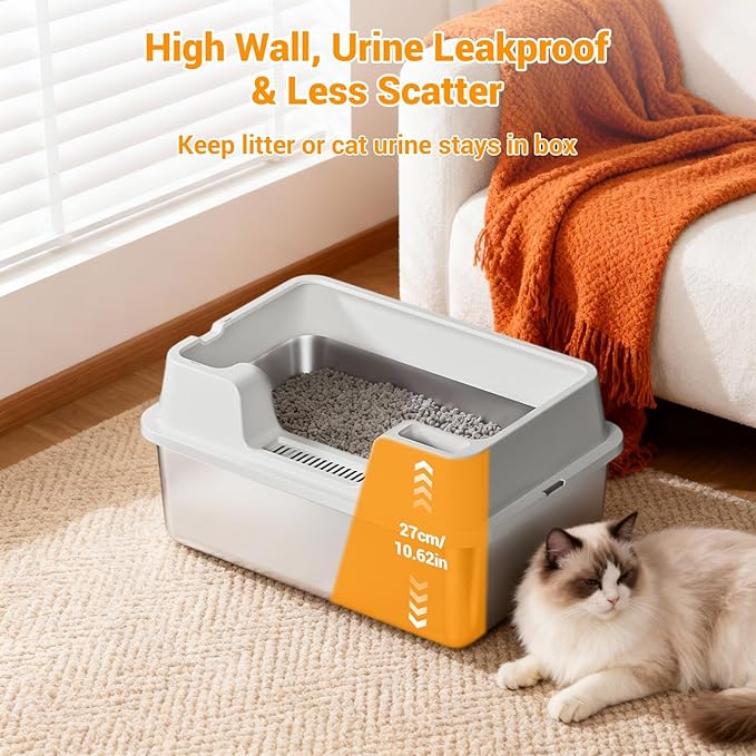 Stainless Steel Litter Box, XL Enclosed Cat Litter Boxes with Lid for Big Cats and Multi-Cats, High Sided, Anti-Urine Leakage Non-Stick Bottom Include Scoop Easy to Clean