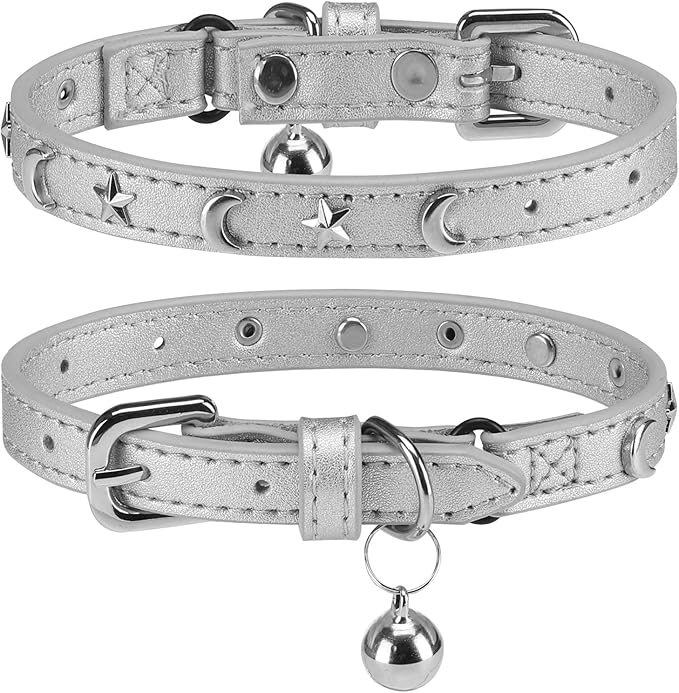 Leather Cat Collars for Boy Girl Cats with Bell and Safety Elastic Belt, Personalized Star and Moon Stud Adjustable Safe Buckle Collar for Kitty Small Big Cats Size 8-12 Inch, Silver Grey
