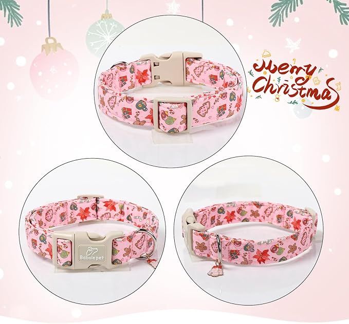 Christmas Dog Collar - Cute Pink Cozy Christmas Puppy Collar with Safety Buckle, Soft Adjustable Holiday Dog Collars for Small Medium Large Dogs S