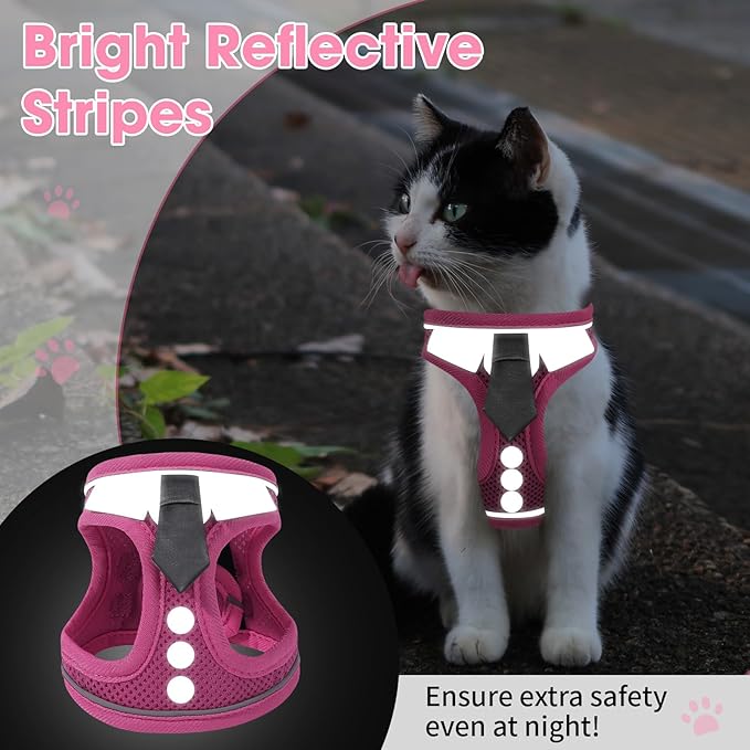 Cat Harness and Leash Set for Walking Escape Proof, Soft Adjustable Kitten Harness Breathable Mesh with Reflective Strips Harness for Kitty Puppy Bunny(Pink,S)
