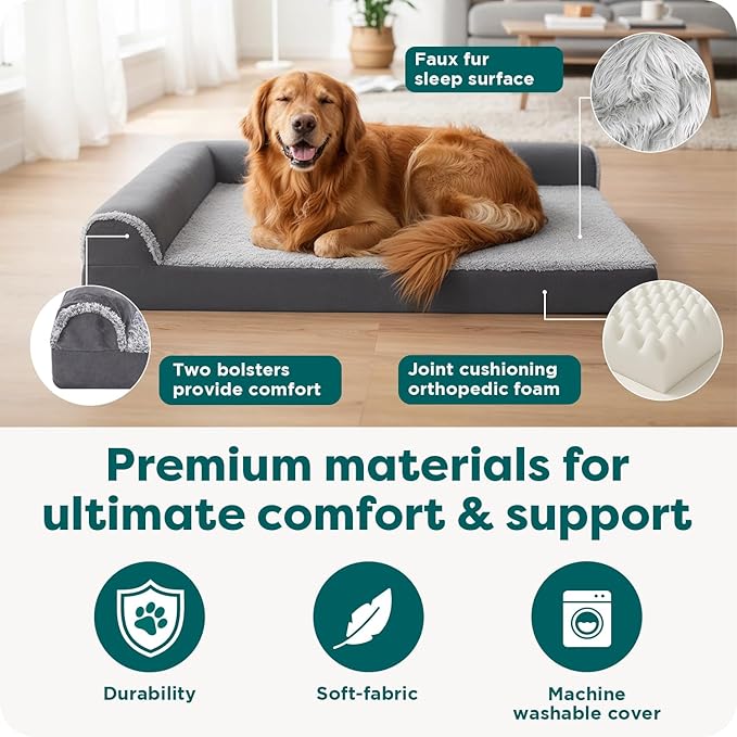 Furhaven Orthopedic Dog Bed for Large Dogs w/ Removable Bolsters & Washable Cover, For Dogs Up to 95 lbs - Two-Tone Plush Faux Fur & Suede L Shaped Chaise - Stone Gray, Jumbo/XL