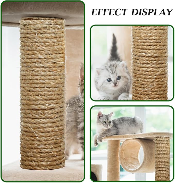 Natural Sisal Rope 1/4 Inch by 49-Feet for Cat Scratching Post Tree Tower Replacement Repair and Replace, DIY Hemp Twine Rope for Kittens Shelves Furniture Window Bed Perch Climbing, 6mm by 15m