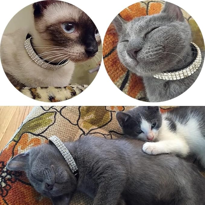 CHUKCHI Soft Velvet Safe Cat Adjustable Collar Bling Diamante with Bells,11 inch for Small Dogs and Cats (Black - 2 Pack)