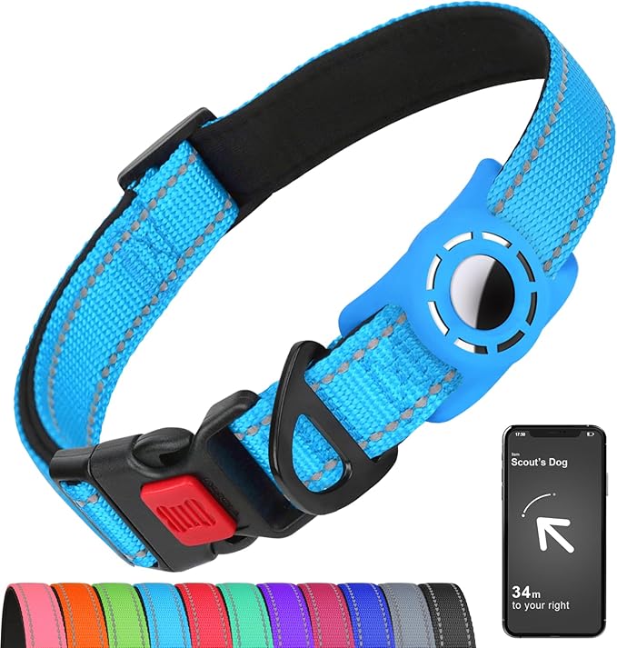 Airtag Dog Collar with AirTag Holder for Small Dogs, Reflective, Soft Padded & Safety Locking Buckle, Nylon Pet Collars Adjustable for All Breeds, SkyBlue,S