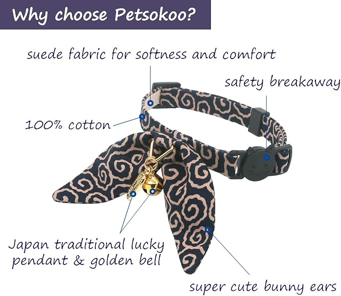 PetSoKoo Bunny Ears Cat Collar, Japan Lucky ‘開三運’ Charm. Safety Breakaway Bowtie Kitten Collar with Bell, Navy Blue