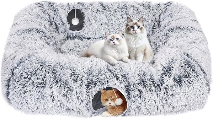 Extra Large Cat Tunnel Bed, 4 Ways Tunnels for Indoor Cats, Multi-cat Family Cat Bed & Cave, Plush Cat Donut with Washable Middle Mat, Exit Balls, Pet Play Toy for Kitten Puppy Rabbit