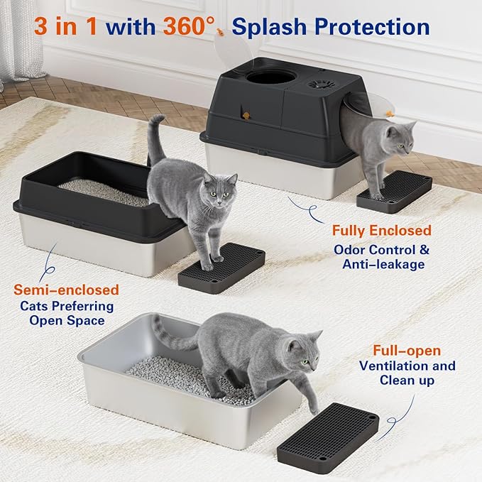 Stainless Steel Litter Box with Lid, XL Extra Large Cat Litter Box Enclosure, Front & Top Entry Covered Metal Cat Box with Steps & Scoop, Easy Cleaning