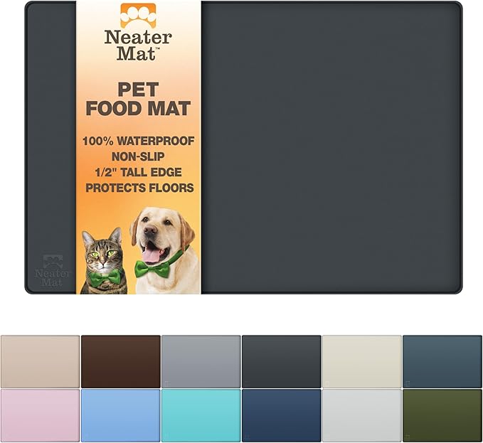Neater Pet Brands Neater Mat Cat & Dog Food Mat, Waterproof & BPA-Free Silicone Placemat with Raised Edge for Under Food and Water Bowls, 16" x 10", Midnight Black