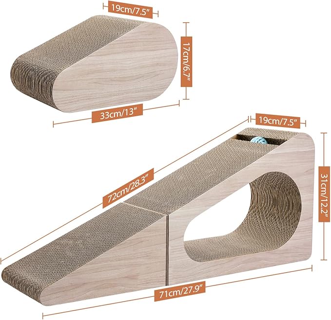 PAWZ Road Cat Scratcher, Triangle Cardboard Cat Scratcher 28.3” Large Scratch Pad 2 in 1 Cat Tunnel Scratcher with Interactive Toy Balls for Indoor Cats