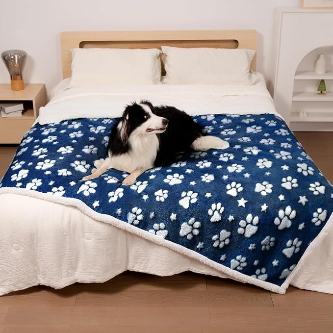 Waterproof Blanket for Dog Cat or Adult, Cute 3D Textured Paw Dog Blanket for Bed Couch Sofa, Soft Liquid Pee Proof Pet Furniture Protector, 60"x80", Navy Blue