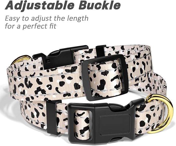 Reflective Dog Collar for Medium Dogs, Cute Leopard Style Adjustable Heavy-Duty Nylon Puppy Collar for Boy and Girl Female, Soft Pet Accessories with Quick Release Buckle, Beige