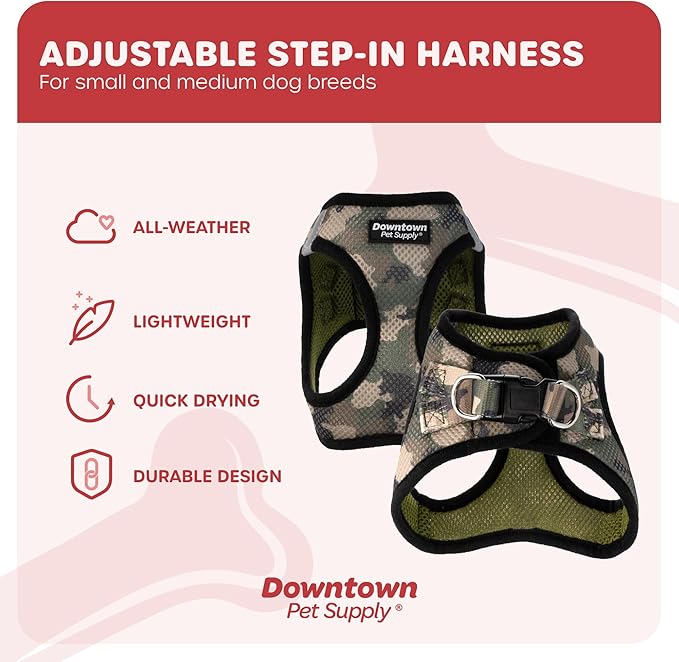 Downtown Pet Supply Step in Dog Harness for Small Dogs No Pull, Large, Camo Green - Adjustable Harness with Padded Mesh Fabric and Reflective Trim - Buckle Strap Harness for Dogs