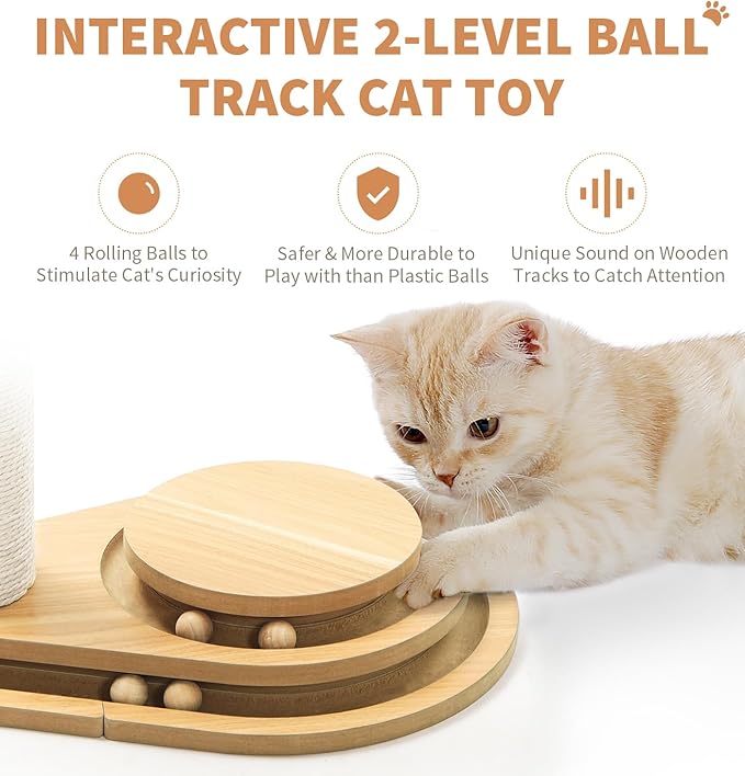 Made4Pets Cat Scratching Post Cat Scratcher Kitten Toys for Indoor Cats Wooden Ball Track Two-Layer Modern Sisal 23.4" Tall Scratch Post Interactive Toy with Dangling Ball Middle Size