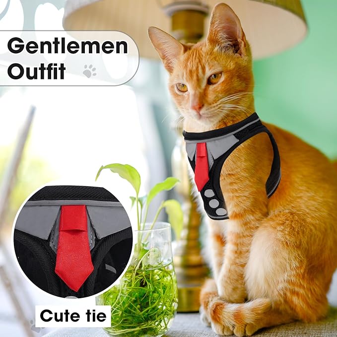Cat Harness and Leash Set for Walking Escape Proof, Soft Adjustable Kitten Harness Breathable Mesh with Reflective Strips Harness for Kitty Puppy Bunny (Black, Medium)
